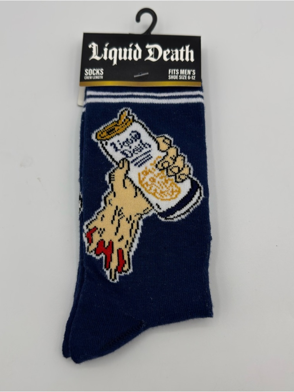 Liquid Death Men's Navy Graphic Crew Socks with Can & Hand Motif